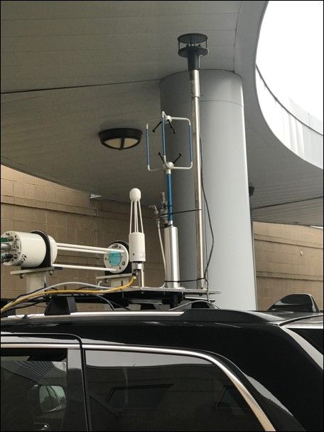 Researchers deploy the mobile methane mapping system on a vehicle at the Engineering Science Building prior to conducting local mapping campaigns.