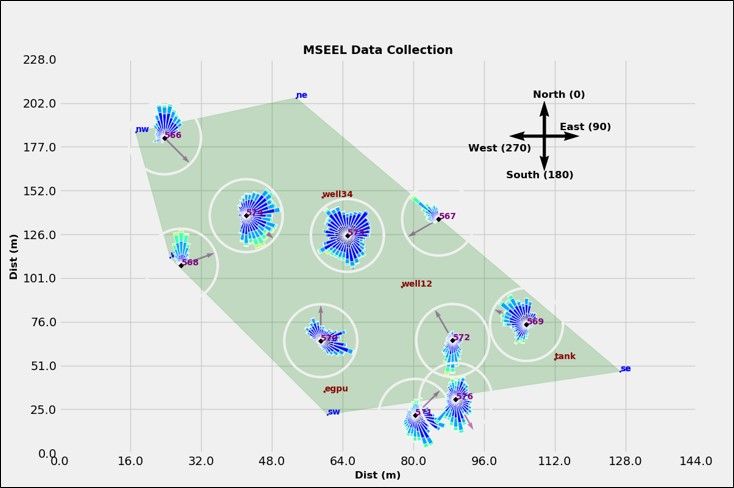 A 2-D representation of the MSEEL site which includes spatially distributed wind-rose plots to show the complex micrometeorological conditions.